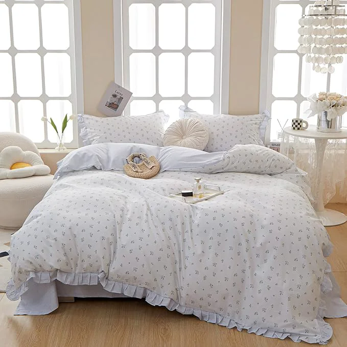 Selected VM VOUGEMARKET Blue Floral Printed Comforter Set with Ruffle Lightweight Reversible Romantic Girls Flower Bedding Comforter for Spring -Full Size 80 quot x90 quot Healthy