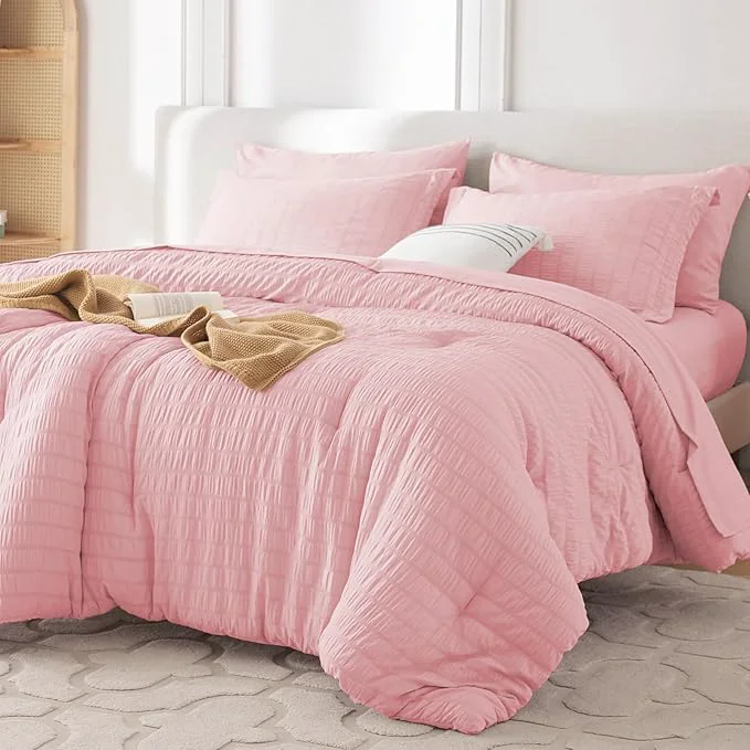 Pure MUXHOMO 5 Pieces Twin XL Comforter Set Seersucker Bed in a Bag Twin XL Size All Season Luxury Bedding Set with Comforter Flat Sheet Fitted Sheet Pillowcase amp Sham Pink Professional