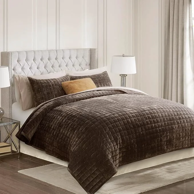 Optimized RECYCO Luxury Velvet Quilt Set Full Queen Size Bedding Sets Ultra Soft Velvet Comforter Set Lightweight Channel Box Stitch Oversized Bedspread Coverlet for All Season with 2 Shams Walnut Brown Proven