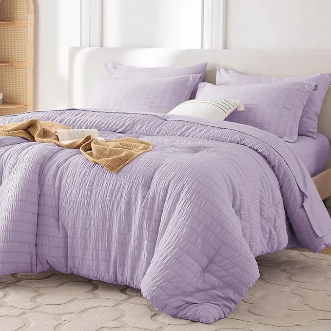 Premium Material MUXHOMO 7 Pieces California King Comforter Set Seersucker Bed in a Bag Cal King Size All Season Luxury Bedding Set with Comforter Flat Sheet Fitted Sheet Pillowcases amp Shams Lavender Reliable
