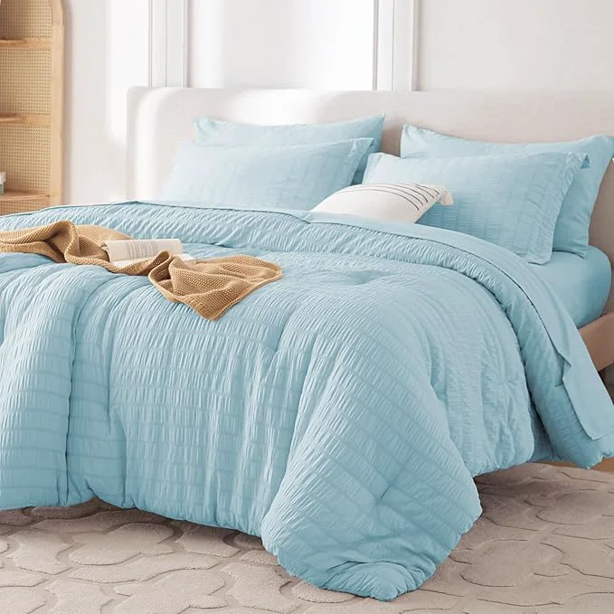 Sustainable MUXHOMO 5 Pieces Twin Comforter Set Seersucker Bed in a Bag Twin Size All Season Luxury Bedding Set with Comforter Flat Sheet Fitted Sheet Pillowcase amp Sham Lake Blue High-Quality