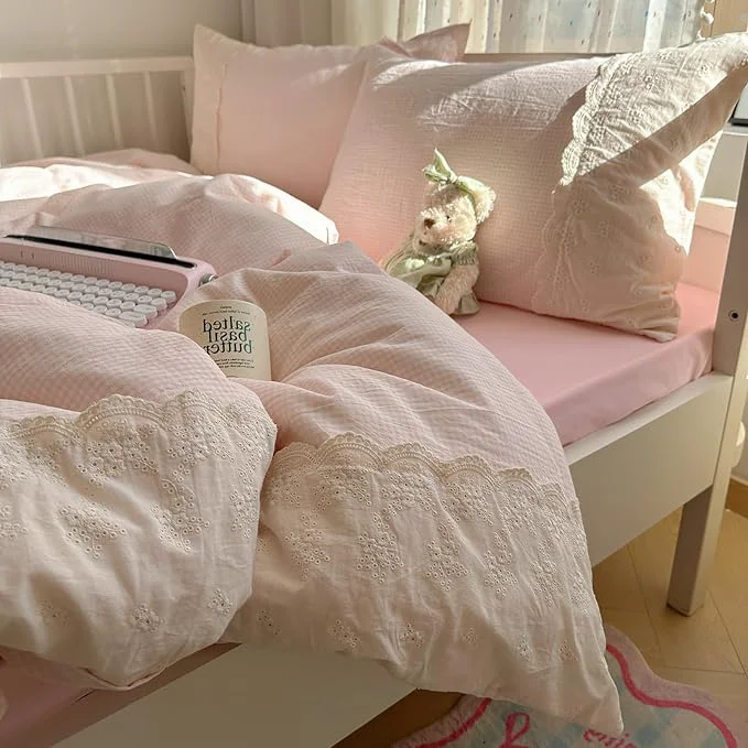 Responsible VM VOUGEMARKET Pink Gingham Comforter Set Queen 3 Pieces Lace Bedding Set Simple Cozy Plaid Checkered Comforter Quilt with 2 Lace Pillowcases for Girls Women Trendy