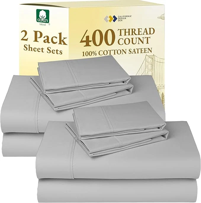 Top-Quality California Design Den 2-Pack Queen Bed Sheets Set - 400 Thread Count Cotton Sateen - Soft and Breathable Sheets 2 Sets of Deep Pocket Bed Sheets - Light Grey Comfortable