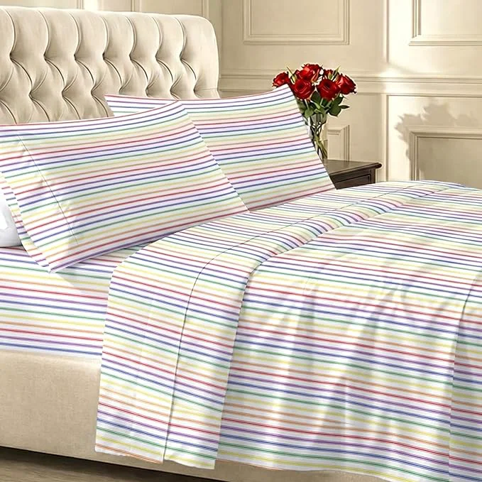 High-Grade California Design Den Rainbow Striped King Size Sheets Set - 400 Thread Count Soft Sateen Natural Cotton Sheets Deep Pockets and Durable Bedding Set - Rainbow Striped Professional