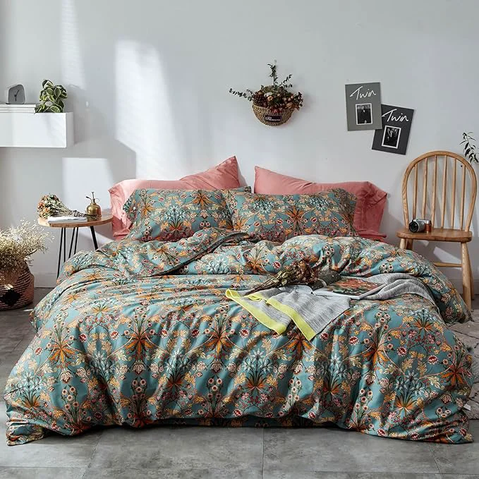 Unique VM VOUGEMARKET Gold Flower Comforter Set Twin XL Aesthetic Boho Bedding Set Royal Sage Green Floral Comforter with 2 Pillowcases Healthy