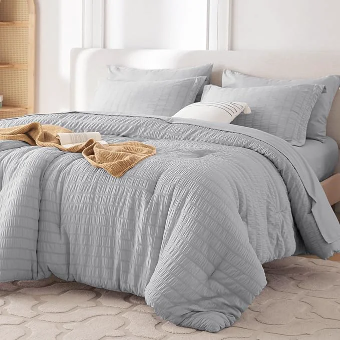 Minimalist MUXHOMO 5 Pieces Twin Comforter Set Seersucker Bed in a Bag Twin Size All Season Luxury Bedding Set with Comforter Flat Sheet Fitted Sheet Pillowcase amp Sham Light Grey High-End