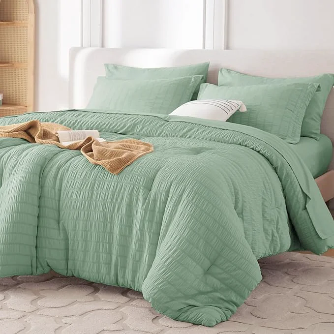 Verified MUXHOMO 7 Pieces Queen Comforter Set Seersucker Bed in a Bag Queen Size All Season Luxury Bedding Set with Comforter Flat Sheet Fitted Sheet Pillowcases amp Shams Sage Green High-End