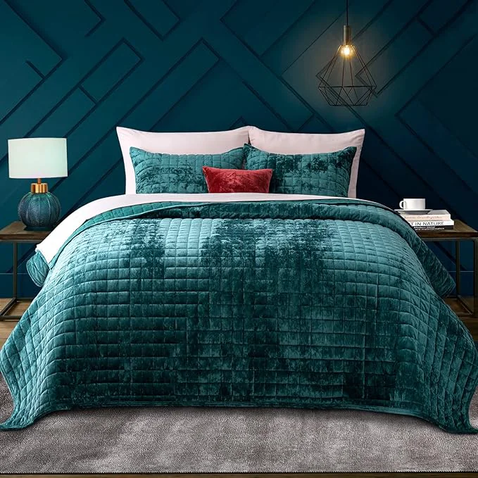 Original RECYCO Luxury Velvet Quilt Set Full Queen Size Lightweight Velvet Comforter Set Oversized Bedspread Coverlet Quilted Bedding Set with 2 Matching Pillow Shams for All Season Teal Organic