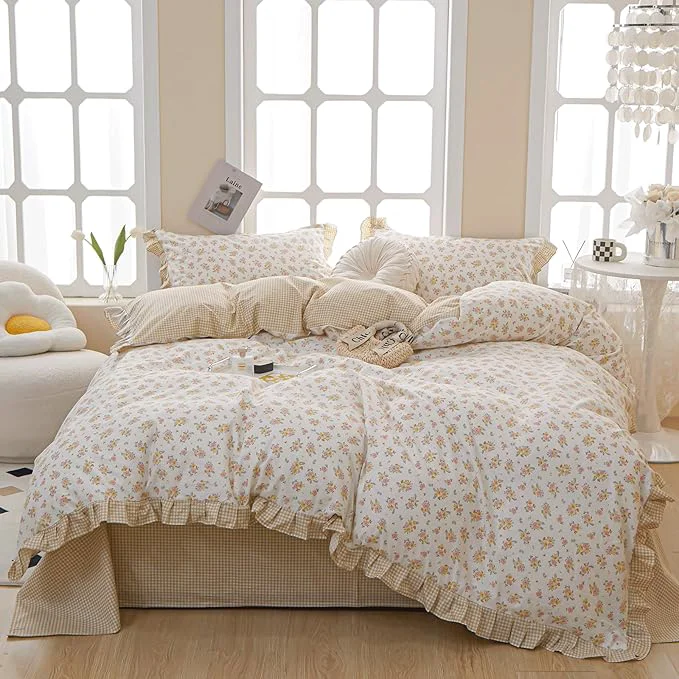 Fast VM VOUGEMARKET Lace Comforter Set Full Vintage Girl 39 s Flower Bedding Comforter Sets Reversible Yellow Grid Comforter with 2 Pillowcases for All Seasons 3pcs Full Eco-Friendly