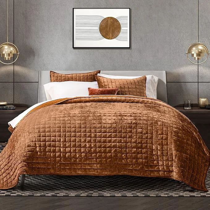 Sustainable RECYCO Luxury Velvet Quilt Set Full Queen Size Bedding Sets Ultra Soft Velvet Comforter Set Lightweight Oversized Bedspread Quilted Coverlet for All Season with 2 Pillow Shams Rusty Burnt Orange Detailed
