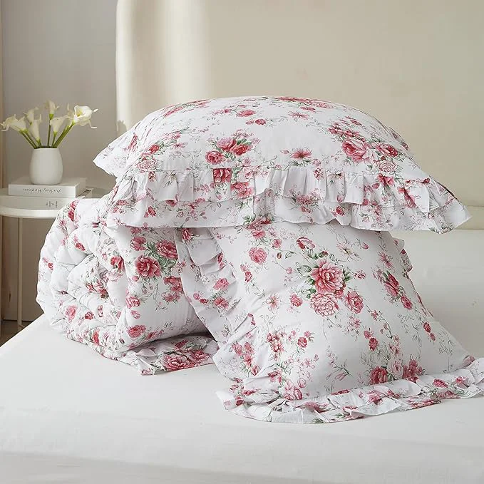 Exceptional VM VOUGEMARKET Ruffle Comforter Set Twin XL Red Rose Flower Comforter Romantic Floral Bedding Set Soft Microfiber Botanical Bedding Comforter Set 1 Flower Ruffled Comforter with 2 Pillowcases Environmentally Friendly