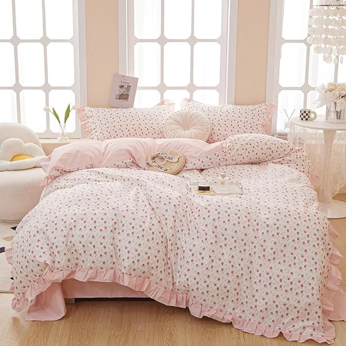 Artisan VM VOUGEMARKET Pink Floral Comforter Set Full 1 Fluffy Ruffle Comforter with 2 Pillow Shams Soft Comfy Reversible Stripes Bedding Comforter Set for All Seasons-79 x90 Optimized