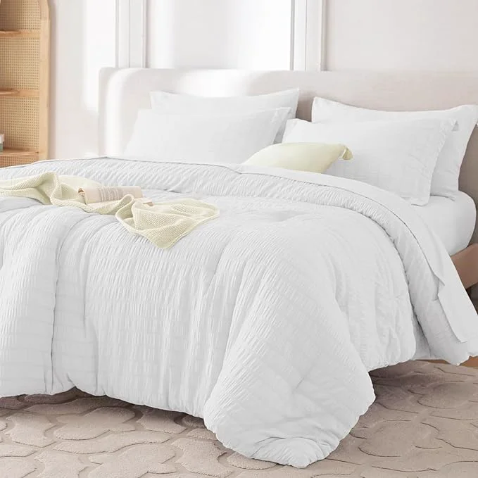 Exclusive MUXHOMO 7 Pieces King Comforter Set Seersucker Bed in a Bag King Size All Season Luxury Bedding Set with Comforter Flat Sheet Fitted Sheet Pillowcases amp Shams White Original