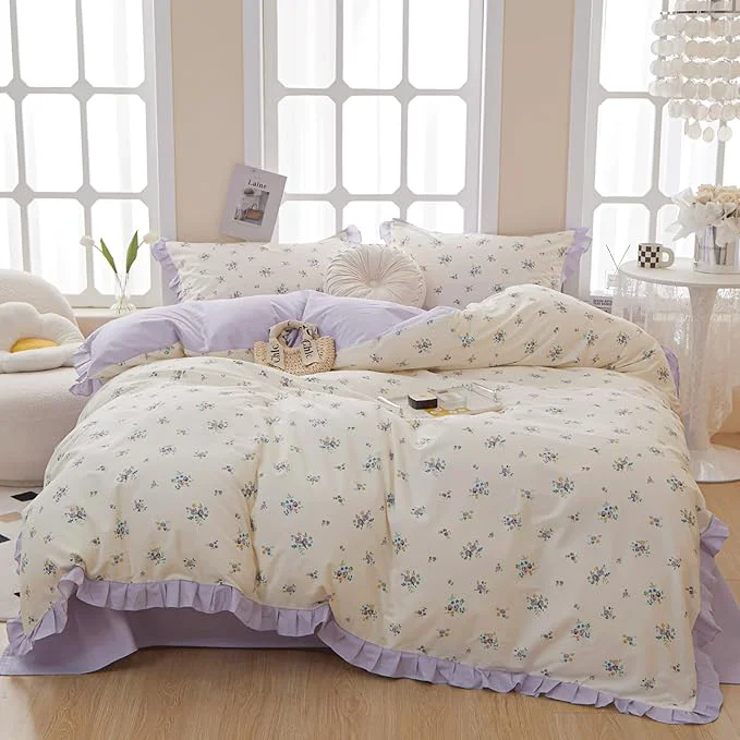 Efficient VM VOUGEMARKET Ruffle Comforter Set Queen Purple Flower Bedding Set 3 Pieces Shabby Chic Coquette Cottagecore Aesthetic Lace Comforter with 2 Pillow Shams Queen Size Luxury