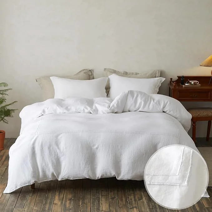Detailed Simple amp Opulence Washed Linen Duvet Cover Set 78 quot x86 quot - 3 Pieces Soft Farmhouse Comforter Cover Set Double Embroidered with Button Closure - 1 Duvet Cover and 2 Pillowshams White Full Official