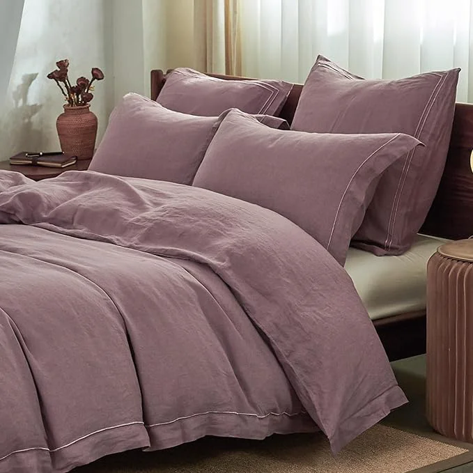 Fast Simple amp Opulence Washed Linen Duvet Cover with Embroidered 3 Pieces Soft Farmhouse Comforter Set with Button Closure 1 Duvet Cover and 2 Pillowshams King Purple Long-Lasting