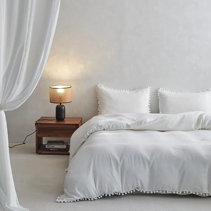 Exceptional Simple amp Opulence French Linen Blended Duvet Cover King Flax Viscose Derived from Bamboo Bedding Set with Pom Pom Trim Soft Cooling for Hot Sleepers 1 Boho Comforter Cover and 2 Pillow Shams White Comfortable