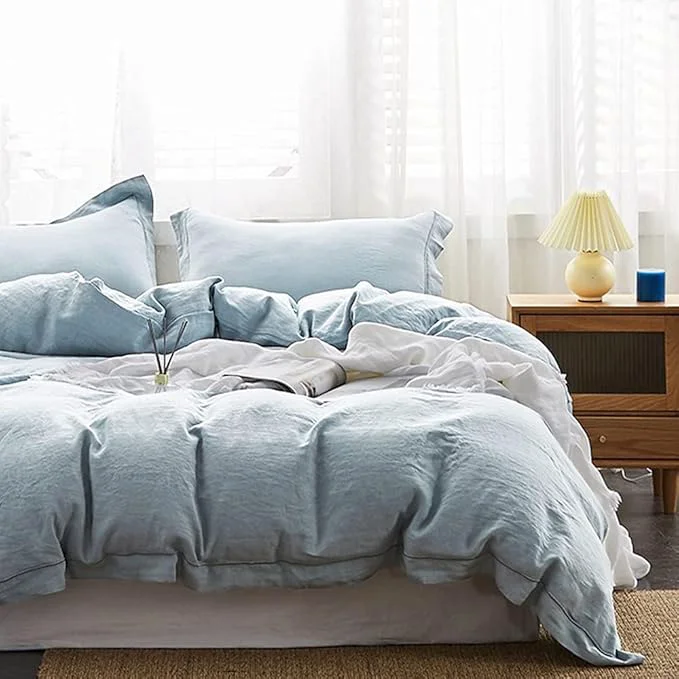 Effective Simple amp Opulence Washed Linen Duvet Cover with Embroidered 3 Pieces Soft Farmhouse Comforter Set with Button Closure 1 Duvet Cover and 2 Pillowshams Queen Dusty Blue World-Class