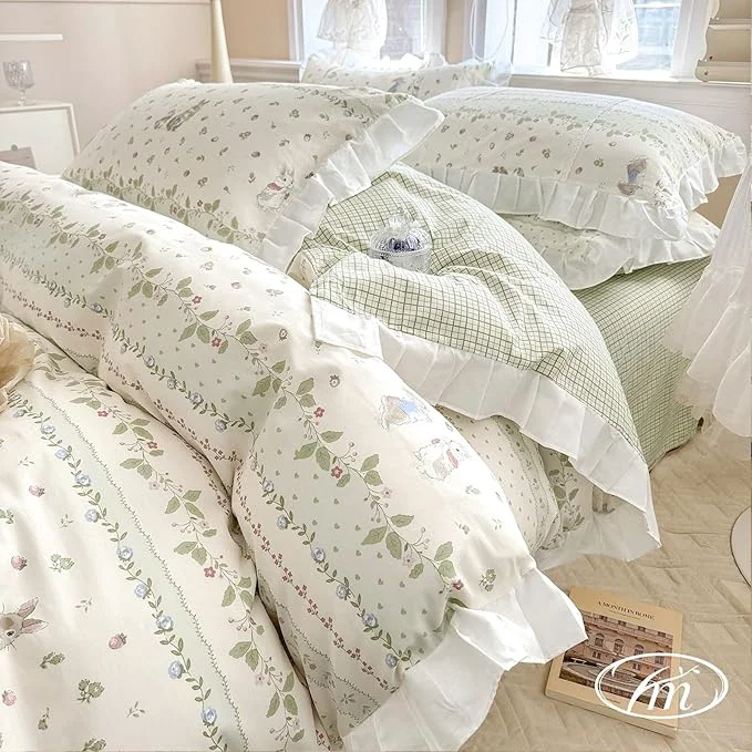 World-Class VM VOUGEMARKET Kids Comforter Set Full Size Cute Rabbit Down Comforter with Flower Leaves Pattern Reverisble Ruffle Lace Bedding Set for Teen Girls Green Full Practical