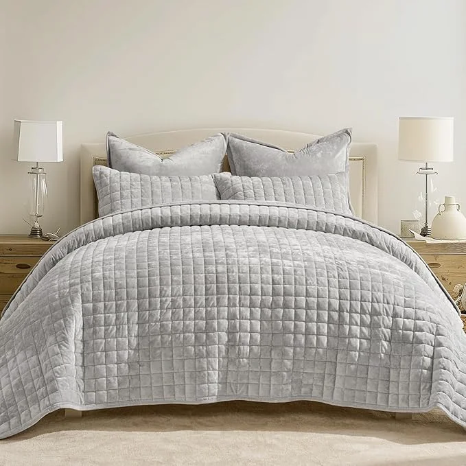 Easy-to-Use RECYCO Luxury Velvet Quilt Set King Size Bedding Sets Ultra Soft Velvet Comforter Set Lightweight Channel Box Stitch Oversized Bedspread Coverlet for All Season with 2 Shams Frost Gray Classic