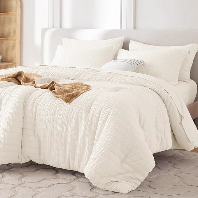 Environmentally Friendly MUXHOMO 7 Pieces California King Comforter Set Seersucker Bed in a Bag Cal King Size All Season Luxury Bedding Set with Comforter Flat Sheet Fitted Sheet Pillowcases amp Shams Ivory Fast
