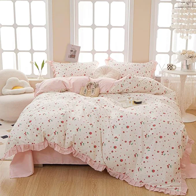 Quality VM VOUGEMARKET Ruffle Comforter Set with Strawberry Prints Kawaii Bedding Comforter Set 1 Down with 2 Lace Pillow Shams for All Seasons-90 x90 Proven