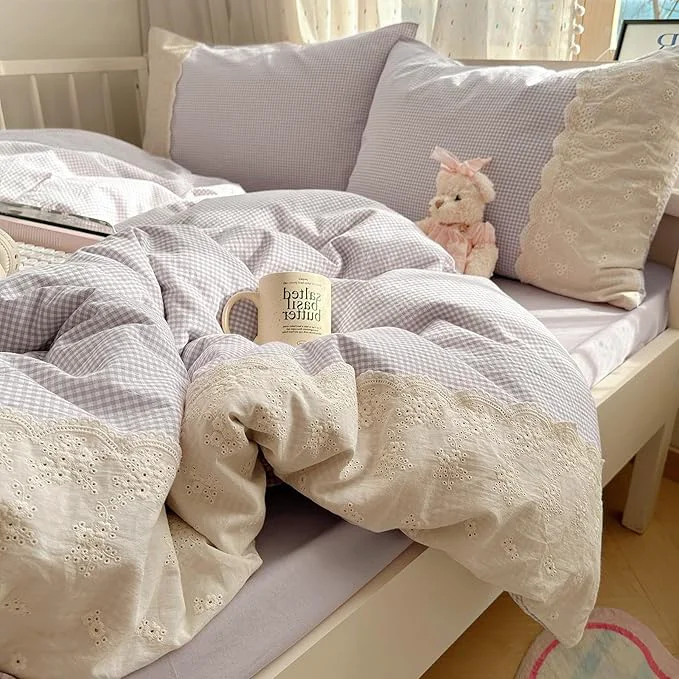 High-End VM VOUGEMARKET Purple Plaid Comforter Set with White Lace Twin XL Kids Teens Mini Checkered Quilt Comforter for Girl 39 s College Dorm Soft Lightweight Cozy Bedding Set Sophisticated