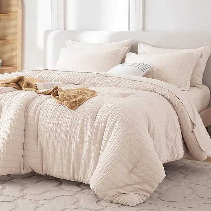 Secure MUXHOMO 7 Pieces California King Comforter Set Seersucker Bed in a Bag Cal King Size All Season Luxury Bedding Set with Comforter Flat Sheet Fitted Sheet Pillowcases amp Shams Beige Fine Crafted