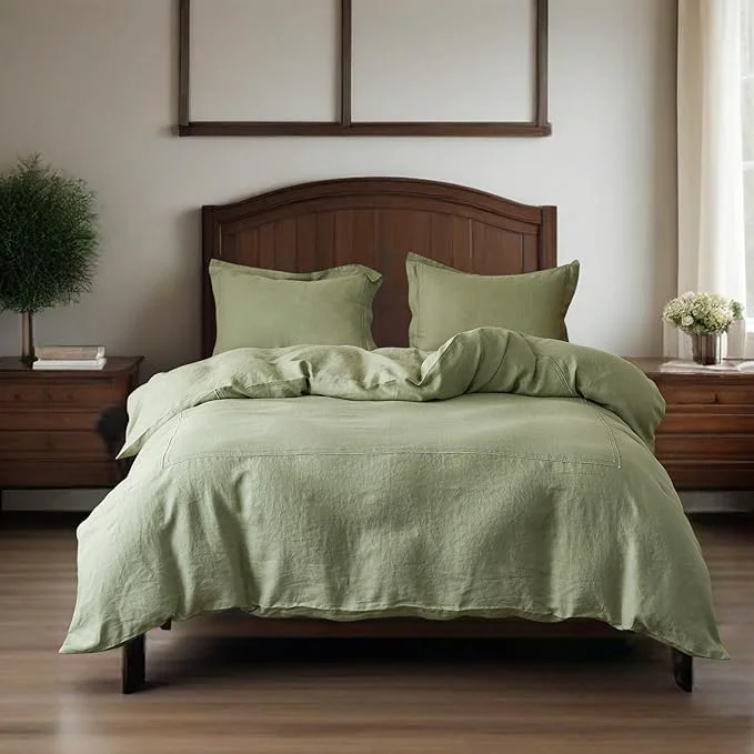 Flexible Simple amp Opulence Washed Linen Duvet Cover Set 68 quot x86 quot - 2 Pieces Soft Farmhouse Comforter Set Double Embroidered with Button Closure - 1 Duvet Cover and 1 Pillowsham Sage Green Twin Luxury
