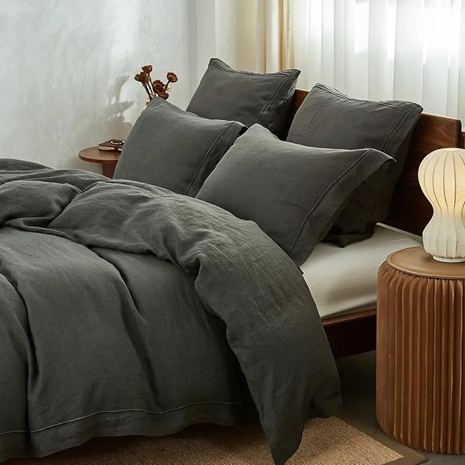 Reusable Simple amp Opulence Washed Linen Duvet Cover with Embroidered 2 Pieces Soft Farmhouse Comforter Set with Button Closure 1 Duvet Cover and 1 Pillowsham Twin Charcoal Grey Classic