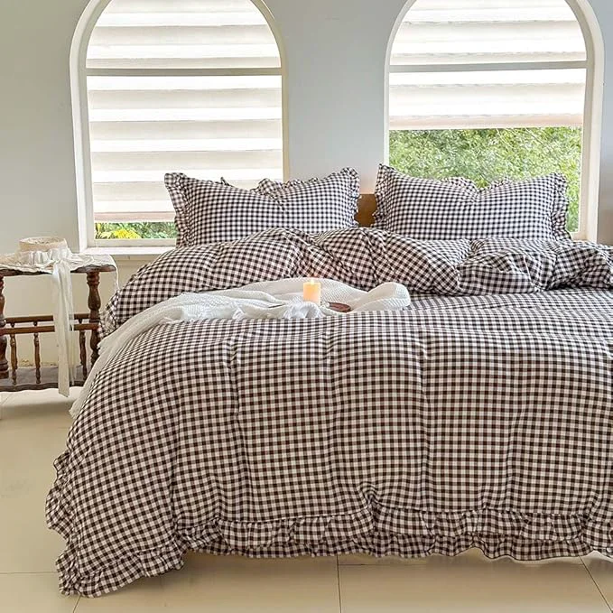 High-Performance NSNLGSGC Mocha Ruffle Gingham Comforter Set King Pre-Washed Ruffled Coffee Plaid Checked Comforter Bedding 3 Pieces Vintage Farmhouse Grid Bedding Set Mocha Gingham King Soft