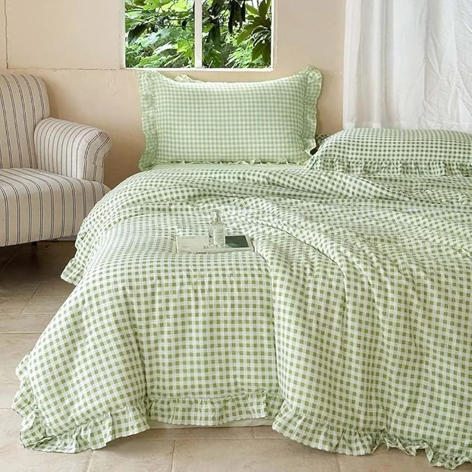 Pure NSNLGSGC Sage Green Ruffle Gingham Comforter Set Twin Pre-Washed Ruffled Plaid Checked Comforter Bedding 2 Pieces Vintage Farmhouse Grid Bedding Set Green Gingham Twin Versatile