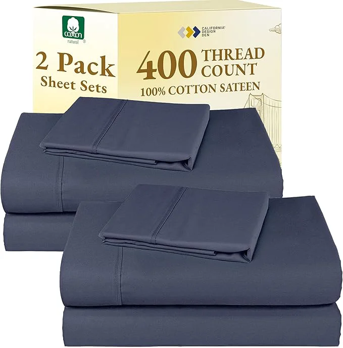 Premium Material California Design Den 2-Pack Twin Sheets Set - 400 Thread Count Cotton Sateen - Soft and Breathable Sheets 2 Sets of Deep Pocket Bed Sheets - Indigo Dusty Blue Outstanding