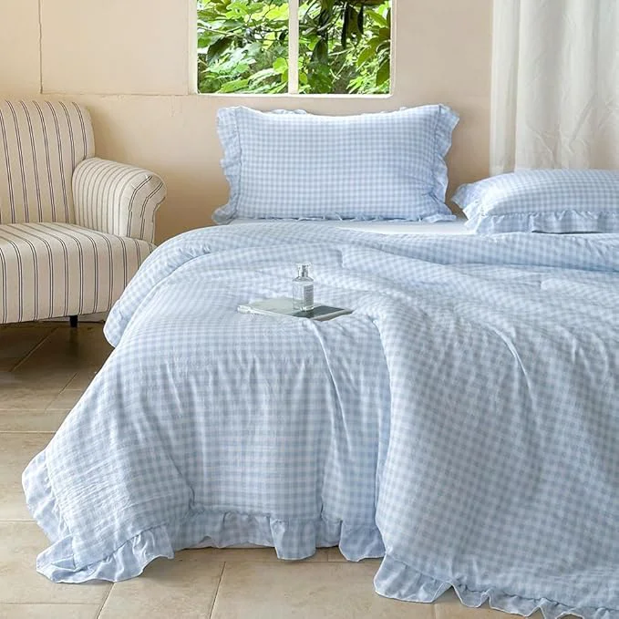 Selected NSNLGSGC Light Blue Ruffle Gingham Comforter Set Queen Pre-Washed Ruffled Plaid Checked Comforter Bedding 3 Pieces Vintage Farmhouse Grid Bedding Set Blue Gingham Queen Durable