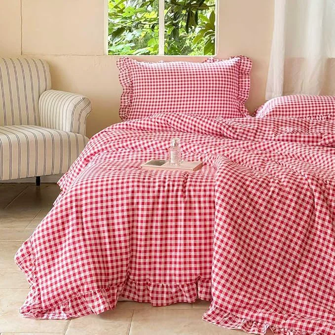 Exceptional NSNLGSGC Red Ruffle Gingham Comforter Set King Pre-Washed Ruffled Plaid Checked Comforter Bedding 3 Pieces Vintage Farmhouse Grid Bedding Set Red Gingham King Convenient