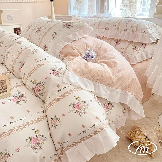 Green VM VOUGEMARKET Pink Flower Comforter Set Twin White Ruffle Down Comforter with 2 Pillow Shams Cute Romantic Girls Lace Comforter Set Reversible Lightweight 3pcs Twin XL Organic