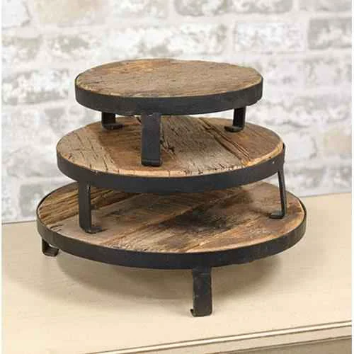 Long-Lasting Set of Three Weathered Wood and Metal Round Risers Practical