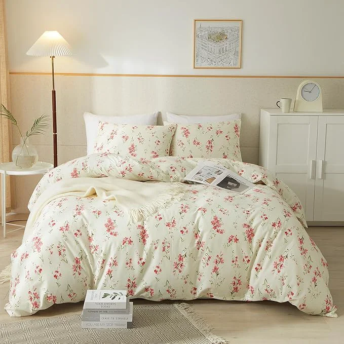 Advanced VM VOUGEMARKET Pink Floral Comforter Set Twin XL Cream Bedding Comforter for Teen Girls Women All Season Garden Flower Comforter Set Modern