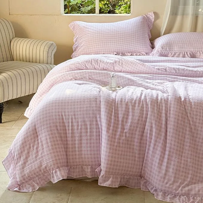 Minimalist NSNLGSGC Pink Ruffle Gingham Comforter Set Twin Pre-Washed Ruffled Plaid Checked Comforter Bedding 2 Pieces Vintage Farmhouse Grid Bedding Set Pink Gingham Twin Quality