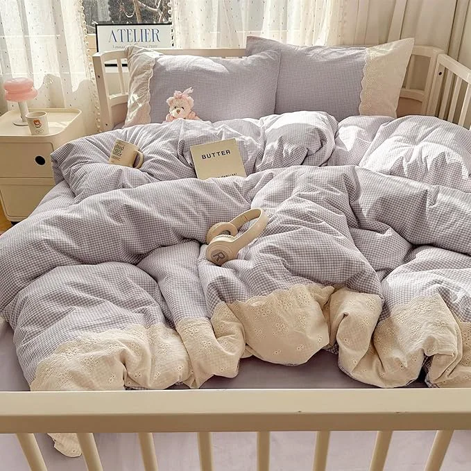 Sustainable VM VOUGEMARKET Lavender Gingham Comforter Set Full 3 Pieces Lace Bedding Set Simple Cozy Mini Plaid Grid Comforter with 2 Lace Pillowcases for Girls Women Carefully Designed