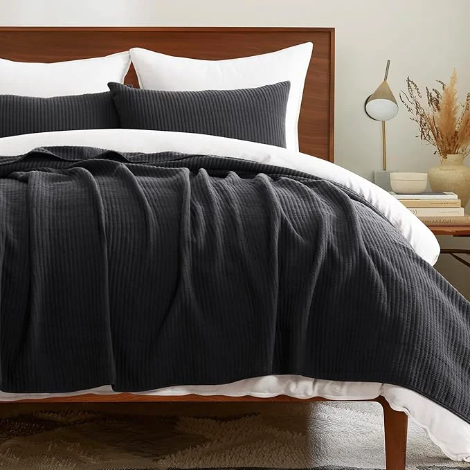 Responsible EVERGRACEHOME Cotton Coverlet Set King Size 3 Pieces Lightweight Soft Ribbed Matelassé Bedspread Quilt Set Cozy Oversized Quilted Bedding Set with 2 Pillow Shams for All Seasons Washed Black Crafted