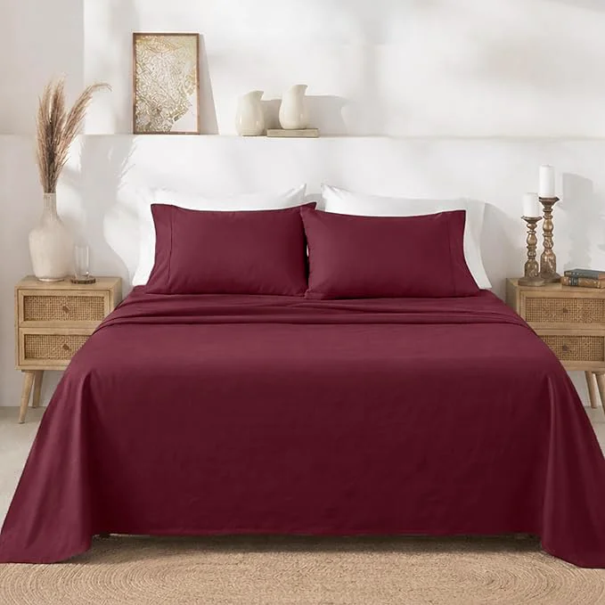 Pure California Design Den Twin XL Sheet Sets - 400 Thread Count Sateen Cotton Sheets Set Deep Pockets and Durable Bedding for Dorm Rooms amp Adults - Burgundy Red Premium