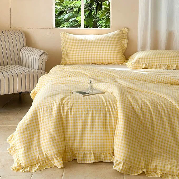 Secure NSNLGSGC Yellow Ruffle Gingham Comforter Set Twin Pre-Washed Ruffled Plaid Checked Comforter Bedding 2 Pieces Vintage Farmhouse Grid Bedding Set Yellow Gingham Twin Modern