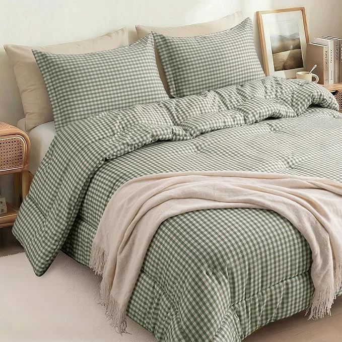 Original Full Comforter Set Modern Plaid Checkered Bedding Green Gingham Brown Grid Bed Comforter Soft Fluffy Breathable Farmhouse Dorm Bedding All Seasons 3 Piece Set gingham Long-Lasting