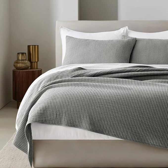 Breathable EVERGRACEHOME Cotton Coverlet Set King Size 3 Pieces Lightweight Soft Ribbed Matelassé Bedspread Quilt Set Cozy Oversized Quilted Bedding Set with 2 Pillow Shams for All Seasons Fog Gray Authentic