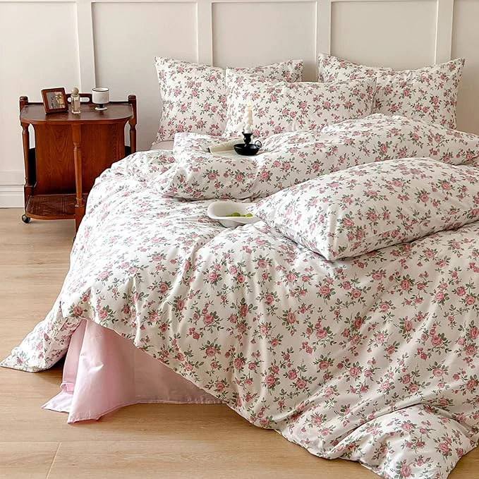 VM VOUGEMARKET Pink Floral Comforter Set Full 3 Pcs Vintage Peach Blossom Down Comforter with 2 Pillowcases All Season Soft Fluffy amp Lightweight Comforter Set for Girls Women 80 quot x90 quot Specialty