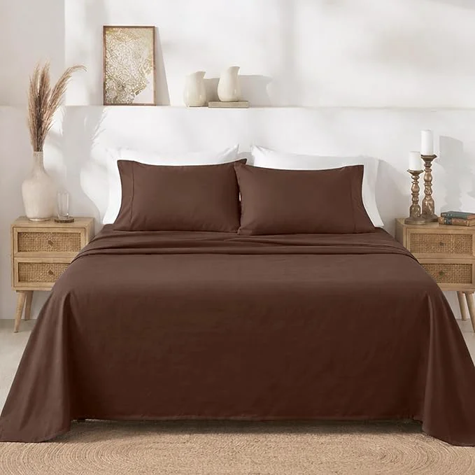 California Design Den Queen Sheet Set - Soft 400 Thread Count Sateen Natural Cotton Sheets for Queen Size Bed with Deep Pockets and Durable Bedding Set - Espresso Chocolate Brown Luxury