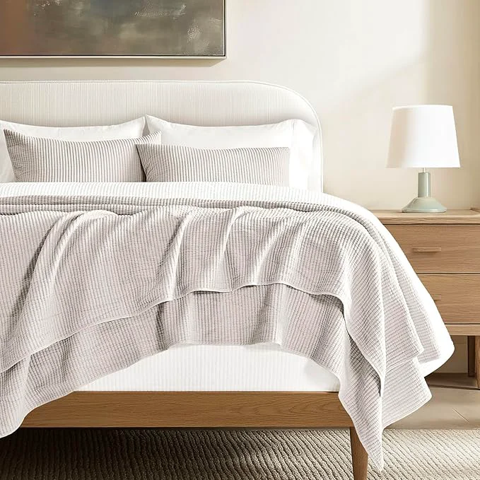High-Grade EVERGRACEHOME Cotton Coverlet Set Full Queen Size 3 Pieces Lightweight Soft Ribbed Matelassé Bedspread Quilt Set Cozy Oversized Quilted Bedding Set with 2 Pillow Shams for All Seasons Birch Specialty