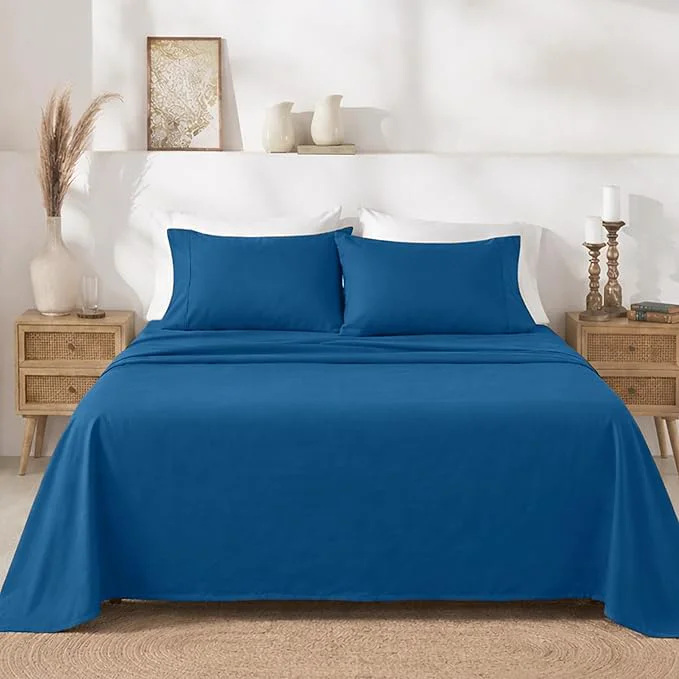 Refined California Design Den King Sheets Deep Pocket Set - 400 Thread Count Sateen Natural Cotton King Size Sheets with All Around Elastic Soft Durable Bedding - Cobalt Blue Reusable