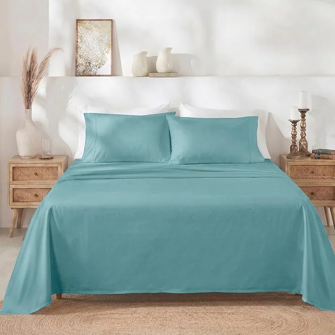 Refined California Design Den Natural Cotton Sheets Soft Queen Sheet Set 400 Thread Count Sateen Deep Pockets with All-Around Elastic for a Snug Fit Durable Bedding Set - Teal Fine